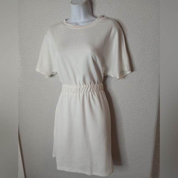 Elegant White Elastic Stretch Waist T Shirt Dress With Pockets Size Medium - Picture 4 of 9